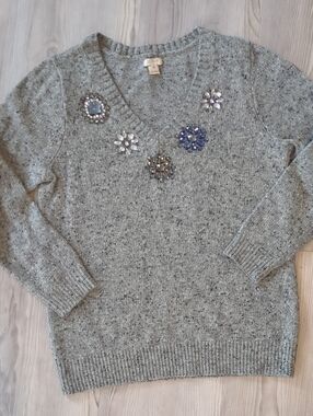 J.Crew Jeweled Lambswool Sweater M Gray Donegal V Neck Rhinestone Holiday B3799